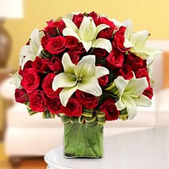 Enchanting Roses & Lilies Rectangular Vase Bouquet