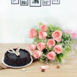 10 Pink Roses with Chocolate Truffle Cake
