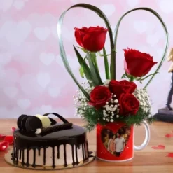 Chocolate Cream Cake & Classic Red Rose Arrangement