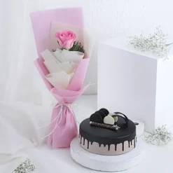 Chocolate Cream Cake & Single Pink Rose