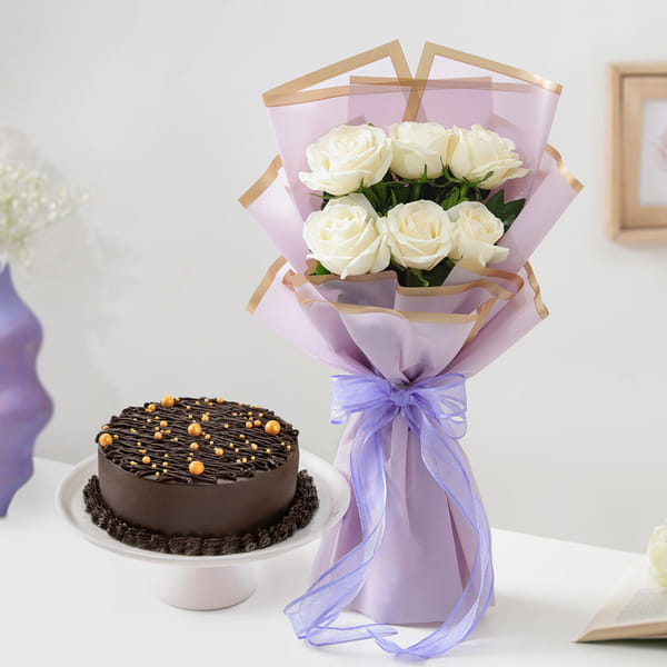 Midnight Truffle Cake & White Roses Bouquet