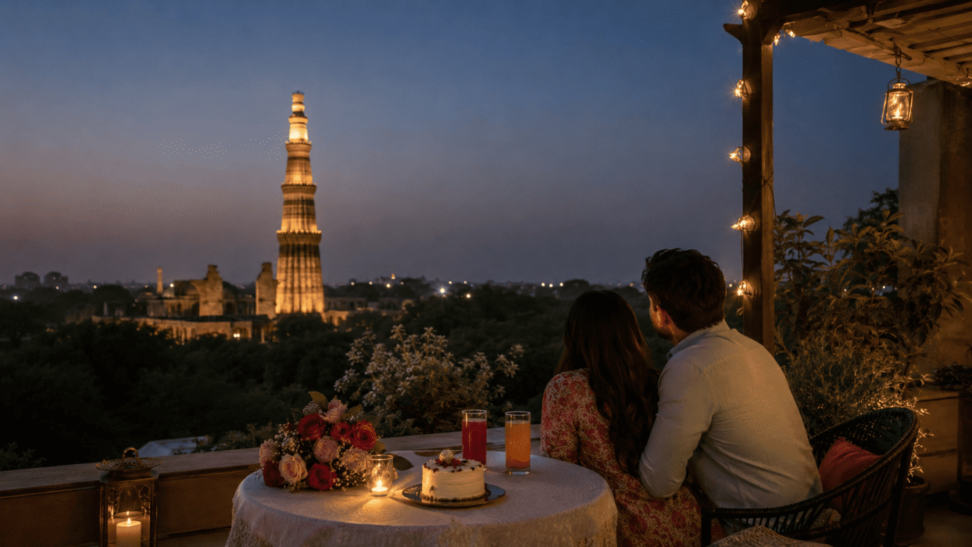 Romantic anniversary dinner overlooking Qutub Minar in Delhi