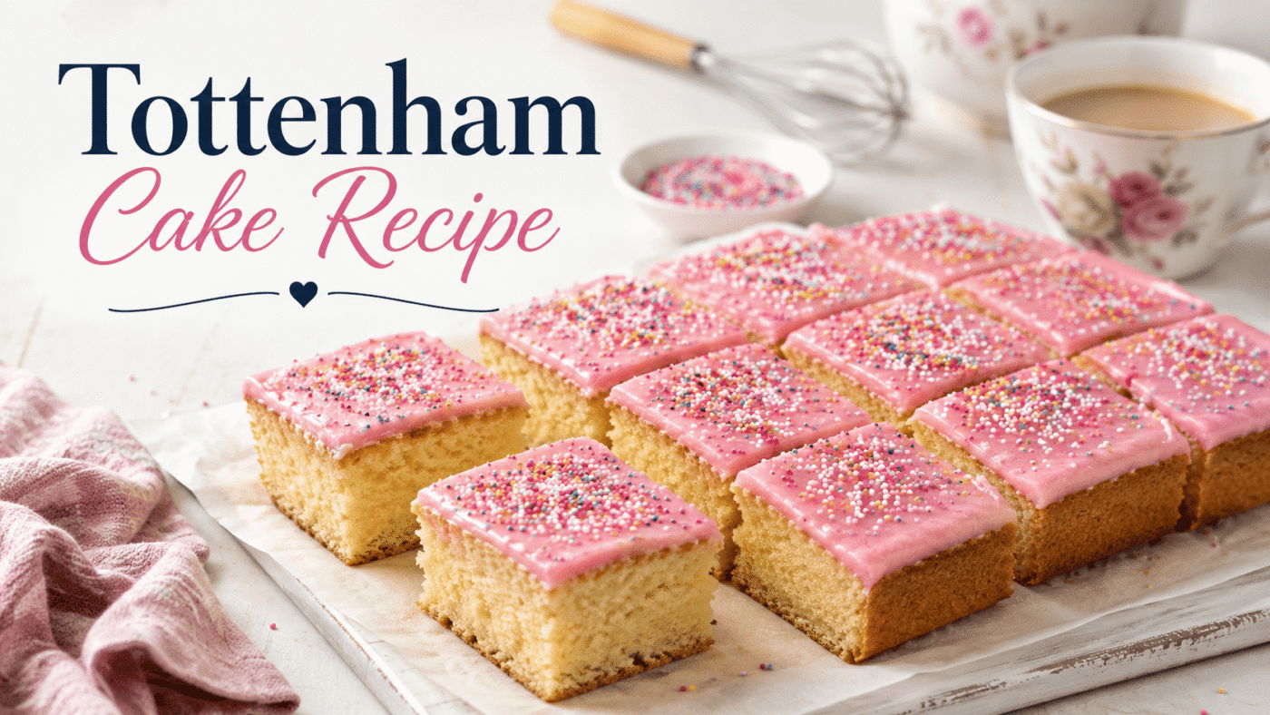 Tottenham cake recipe with pink icing and colourful sprinkles